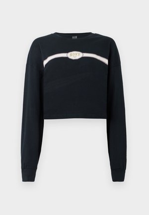 Avskuren svart långärmad sweatshirt i bomull med ett vitt och rosa rand samt en Roxy-logotyp på framsidan.