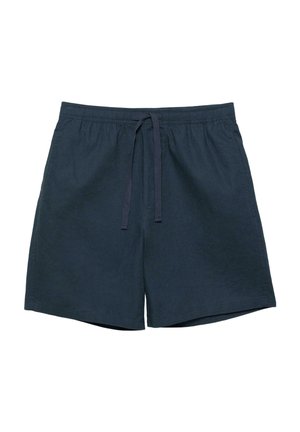 Marineblå afslappede shorts med elastisk talje og snøre, midt på låret længde, lavet af blødt stof.
