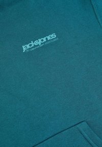 Sudadera de algodón en color verde azulado con un sutil logo en azul claro y un bolsillo delantero. La tela tiene una textura suave y un ajuste casual.