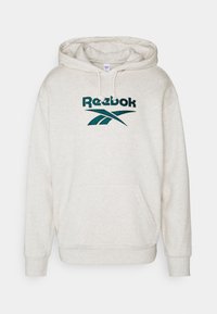 Sudadera Reebok de color gris claro con un bolsillo frontal, capucha con cordón y logo bordado en negro que presenta líneas entrelazadas. Textura de material suave.
