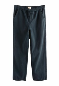 Mørkeblå, løstsiddende bomuldsbukser med elastisk talje, snor og sidelommer. Glat tekstur uden synlige mønstre.