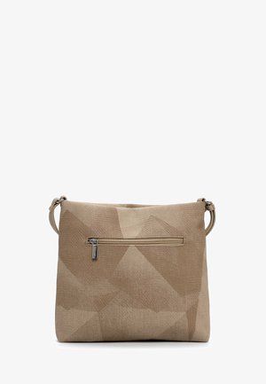 Beżowa i jasnobrązowa torba na ramię z geometrycznym wzorem, małą kieszenią na suwak z przodu oraz regulowanym paskiem na ramię.