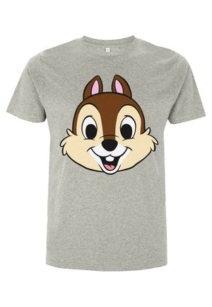 Grå bomulds T-shirt med et stort cartoon møsse ansigt design i brune og cremede farver, fremtrædende ører og et smilende udtryk.