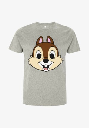 Grå bomulds T-shirt med et stort cartoon møsse ansigt design i brune og cremede farver, fremtrædende ører og et smilende udtryk.