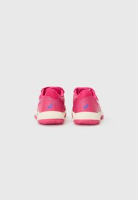 Pink athletic shoes with a smooth texture, featuring a white midsole and blue accents. The design includes a padded collar and lacing system.