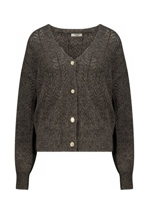 Cardigan gris en maille avec col en V, cinq boutons et motif en forme de losange. Présente un ourlet et des poignets côtelés pour plus de texture.