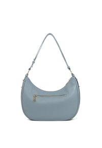 Borsa a spalla in pelle azzurro chiaro dalla forma curva, con manico superiore e tasca con zip frontale. Accenti in metallo dorato visibili.