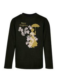 Musthave musta pikakäistega T-särk, millel on kuldne siluett naist vihmavarjuga, mida ümbritsevad valged lillemustrid ja tekst "Mary Poppins".
