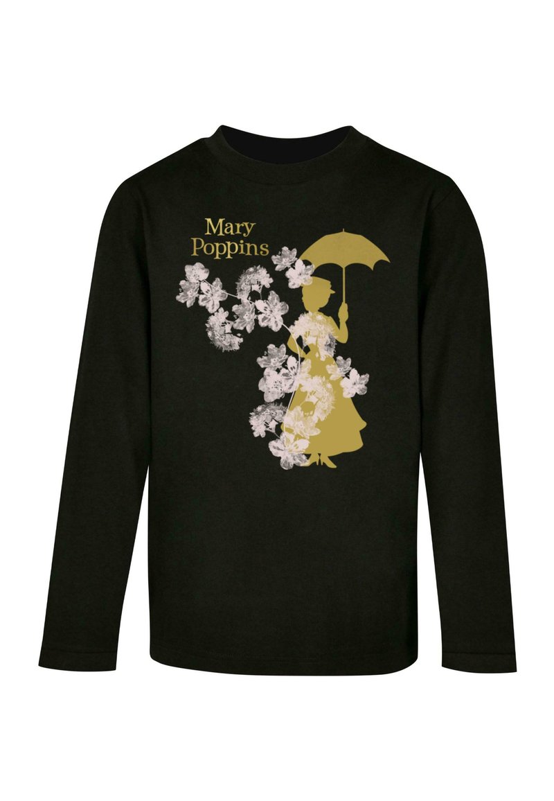 Musthave musta pikakäistega T-särk, millel on kuldne siluett naist vihmavarjuga, mida ümbritsevad valged lillemustrid ja tekst "Mary Poppins".