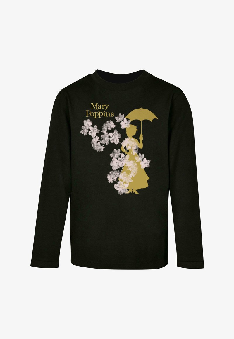 Musthave musta pikakäistega T-särk, millel on kuldne siluett naist vihmavarjuga, mida ümbritsevad valged lillemustrid ja tekst "Mary Poppins".