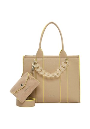 Beige draagtas met gele accenten, gestructureerd faux leer, kettinghandvat en een compacte bijpassende portemonnee met drukknoopsluiting.