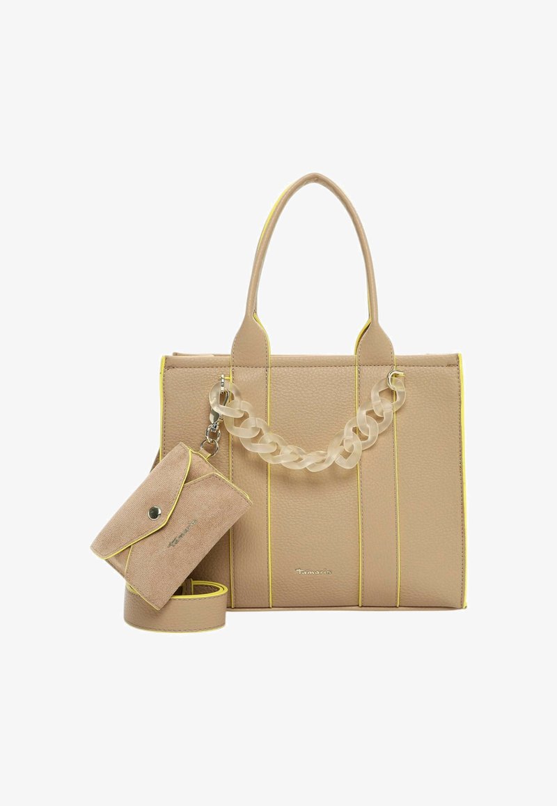 Beige draagtas met gele accenten, gestructureerd faux leer, kettinghandvat en een compacte bijpassende portemonnee met drukknoopsluiting.