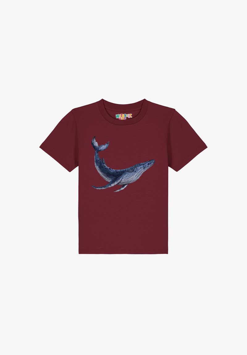 Burgunderfarbener Baumwoll-T-Shirt mit einem Druck eines Blauwals auf der Vorderseite, kurzer Ärmel und Rundhalsausschnitt.