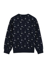 Marinblå sweatshirt med ett texturerat stickat mönster av vita geometriska former. Har ribbade muddar och nederkant, vilket ger en avslappnad passform.