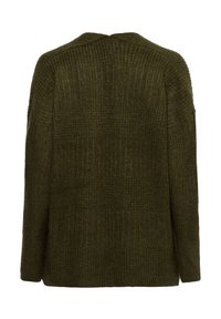 Olivgrüner, gestrickter Cardigan mit strukturiertem, geripptem Muster, lockerer Passform und überschnittenen Schultern. Schlichter Rundhalsausschnitt und lange Ärmel. Rückansicht.