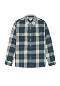 Camisa de cuadros de manga larga para hombre en verde, azul y gris con detalles en naranja. Cuenta con dos bolsillos en el pecho y cierres de botones. Material de algodón.