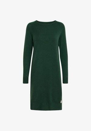 Zielona dzianinowa sukienka z długimi rękawami, okrągłym dekoltem i ściągaczami. Posiada małą metkę z logo blisko dołu.
