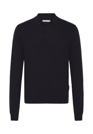 Chemise polo noire à manches longues en matériau tricoté. Dotée d'un col classique, d'une patte de boutonnage à trois boutons et d'une taille ajustée. Design simple.