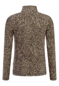 Haut long à motifs léopard en beige et noir, avec un col haut et une texture douce, coupé droit et ajusté.