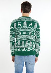 Grüner Strickpullover mit weißen Mustern von Rentieren, Bäumen und Schneeflocken, mit einem gerippten Kragen und Bündchen.