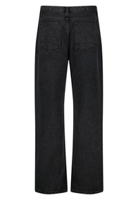 Black wide-leg jeans with a high waist, featuring two back pockets and a smooth, sturdy denim texture. No visible embellishments.