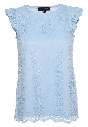 Jasnoniebieska koronkowa bluzka bez rękawów z kwiatowymi wzorami i falowanym brzegiem, marki New Look.