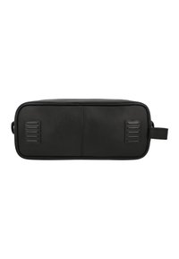 Borsa rettangolare nera in pelle con accenti testurizzati, superficie liscia e una maniglia laterale per un facile trasporto; design minimalista.
