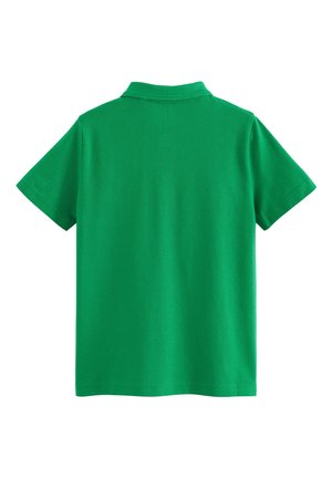 Tricou polo verde din bumbac, cu mâneci scurte și guler clasic. Vedere din spate care arată o textură netedă, uniformă, fără modele.