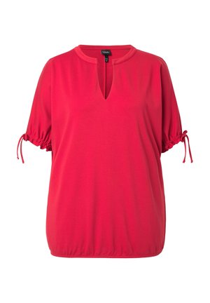 Blouse rouge à manches courtes avec décolleté en V et manches froncées, dotée d'un détail à cordon de serrage. Fabriquée à partir d'un tissu lisse et léger.