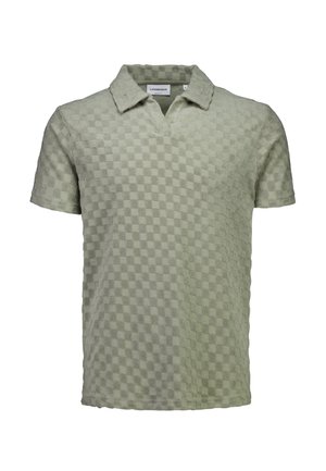 Hellgrünes Poloshirt mit kurzen Ärmeln, strukturiertem Karomuster und offenem V-Ausschnitt, auf weißem Hintergrund dargestellt.