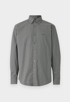 Long-sleeve gray button-up shirt with fine white grid pattern and collar, featuring BOSS logo embroidered on left chest.