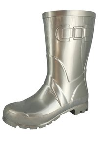 Zilveren rubberen laars met een gladde, glanzende afwerking. Beschikt over een geztructureerde zool voor grip en een decoratieve gesp detail aan de voorkant.