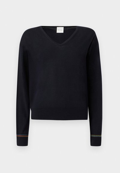 Pull noir à col en V avec manches longues, poignets côtelés ornés d'accents multicolores et ourlet droit. Texture douce et lisse.