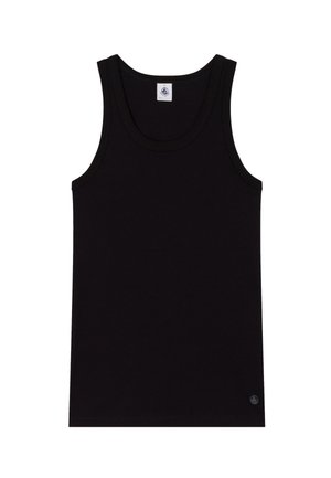 Débardeur noir en coton, avec un col rond, sans manches, et un petit logo accentué en bas. Texture lisse.