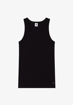 Débardeur noir en coton, avec un col rond, sans manches, et un petit logo accentué en bas. Texture lisse.