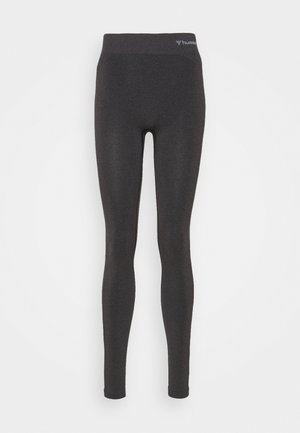 Sorte leggings lavet af et strækbart stof, med en høj talje og en glat, mat overflade. Ingen synlige mønstre eller hardware detaljer.