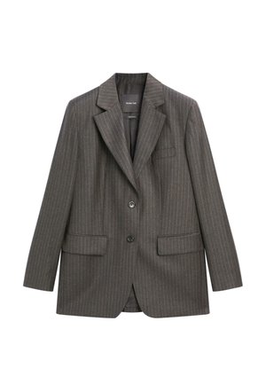 Tailored gray pinstriped blazer made of soft fabric, featuring a notched lapel, two front pockets, and a single button closure.