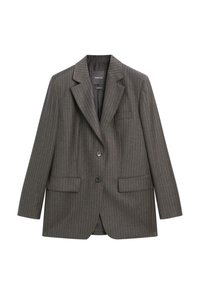 Op maat gemaakte grijze pinstripe blazer van zacht stof, met een notch-kraag, twee voorzakken en een enkele knoopsluiting.