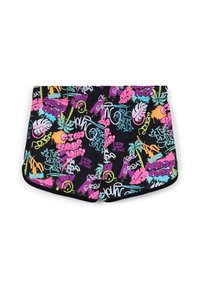 Costume da bagno neri con motivi di graffiti colorati in rosa, viola, giallo e blu. Tessuto morbido con elastico in vita e orli cuciti.