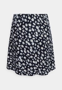 Jupe noire avec motif floral en marguerites blanches, taille élastique, tissu léger, forme évasée, longueur genou, non doublée.