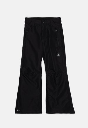 Pantalon noir imperméable avec poches zippées, jambes larges et coutures renforcées. Présente un petit logo près de l'ourlet.