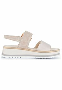 Beige suede wedge sandals with a wide front strap and adjustable back strap. Features a layered platform sole with textured white rubber.