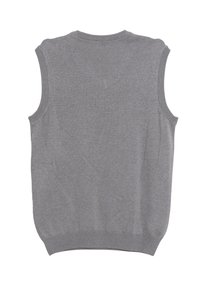 Veste sans manches en tricot gris avec bords côtelés et encolure ronde, vue de dos sur fond blanc.
