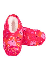 Pantofole in pile rosa con design di Peppa Pig, decorate con vari personaggi e cuori. Foderate con materiale bianco soffice per garantire calore.