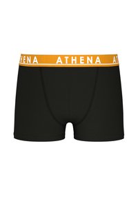 Boxer shorts noirs en tissu respirant, dotés d'une ceinture orange contrastante avec le texte "ATHENA" et d'un design lisse et ajusté.