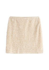 Beige kjol med en texturerad, fluffig yta, prydd med utspridda paljetter för extra glans. Rakt snitt med resårmidja.