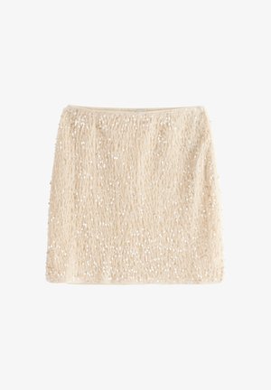 Saia bege com uma superfície texturizada e felpuda, adornada com lantejoulas espalhadas para um brilho adicional. Forma reta com uma cintura elástica.