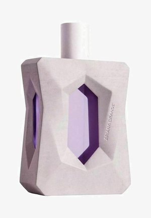 Harmaa geometrinen hajuvesipullo, jossa on teksturoitu pinta, sisältää purppuran keskiosan ja sylinterimäisen valkoisen korkin.