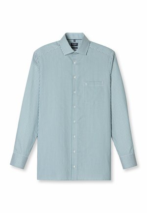 Hemd mit Knopfleiste, das vertikale blau-weiße Streifen aufweist, einen spitzen Kragen, lange Ärmel und eine Brusttasche mit sauberen Nähten.