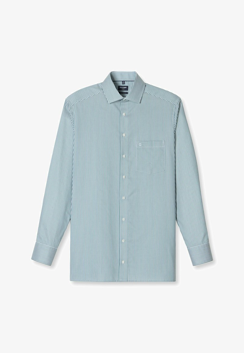 Button-up shirt featuring vertical blue and white stripes, a pointed collar, long sleeves, and a chest pocket with a neat finish.